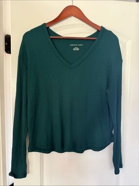 American Eagle Outfitters Dark Teal Ribbed V-Neck Long Sleeve Top